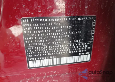 2018 Volkswagen Tiguan 2.0T Se/2.0T Sel z USA, uszkodzony, nr VIN 3VV2B7AX9JM121083